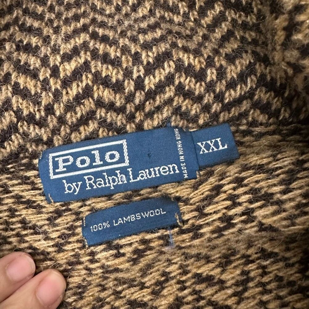 POLO Ralph Lauren 100% Lambswool Brown Herringbone Sweater Cardigan XXL Vintage - Picture 7 of 9